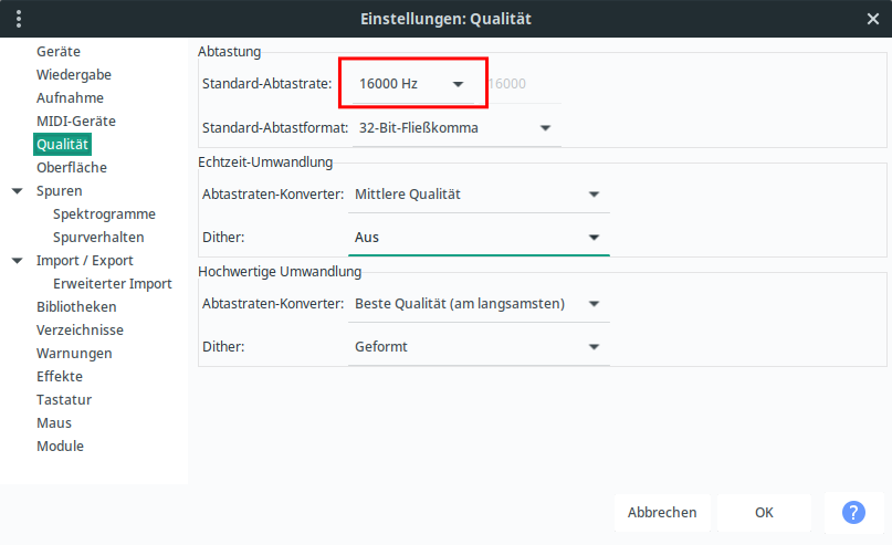 Screenshot aus Audacity, Menü Bearbeiten > Einstellungen > Qualität